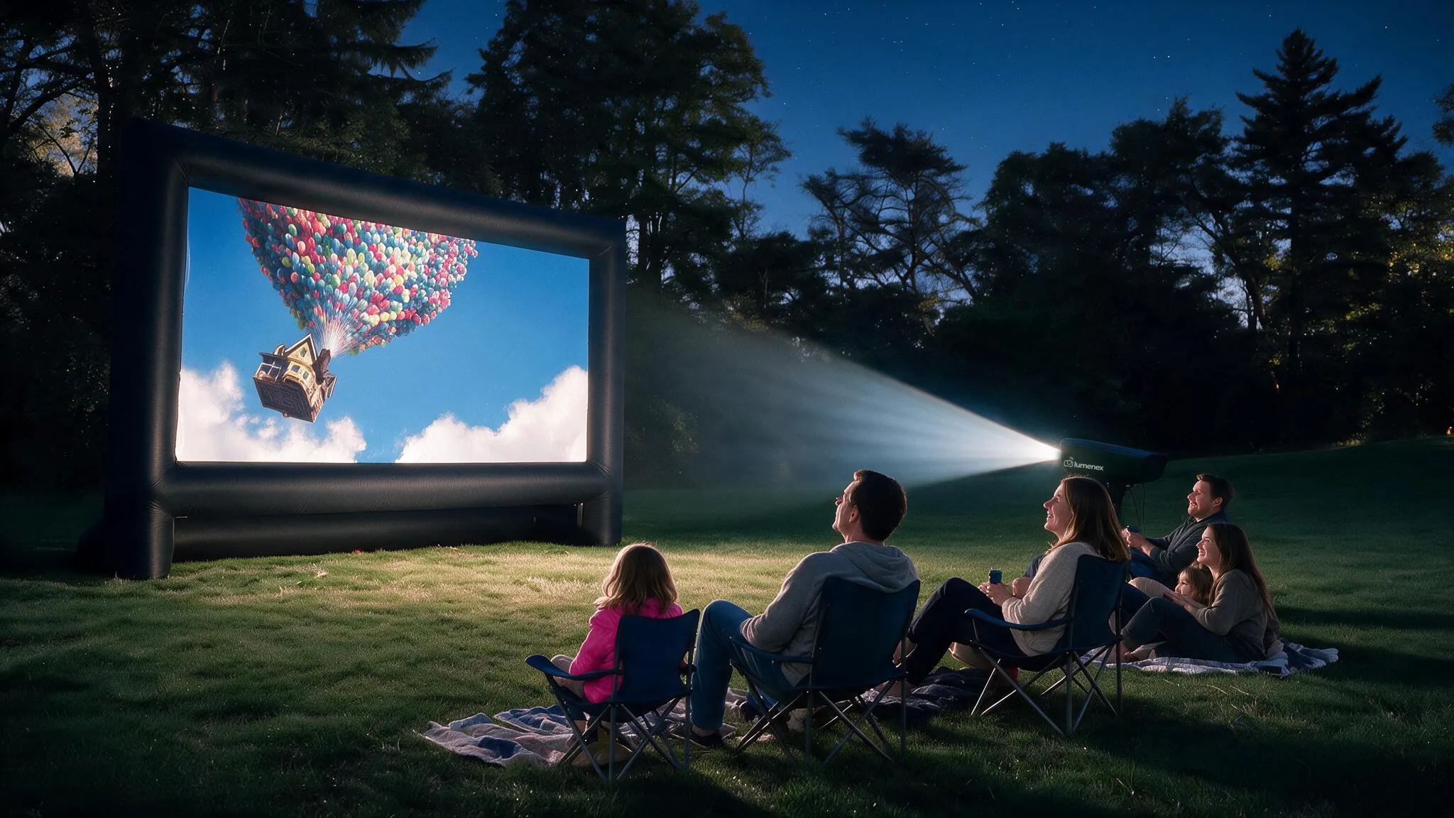 Backyard Theatre — friends watching a movie on an inflatable screen