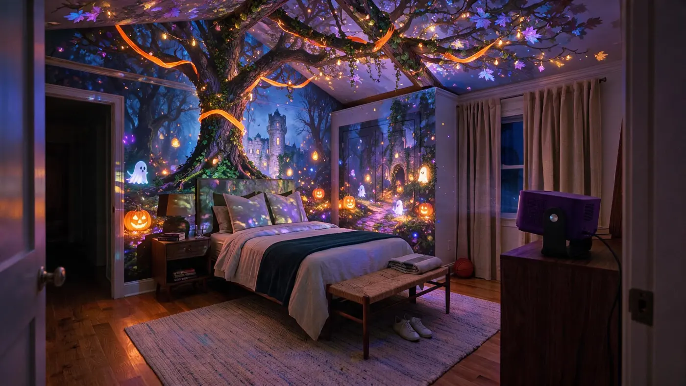 A bedroom mapped for Halloween — glowing pumpkins, ghosts and a lit canopy across the walls and ceiling