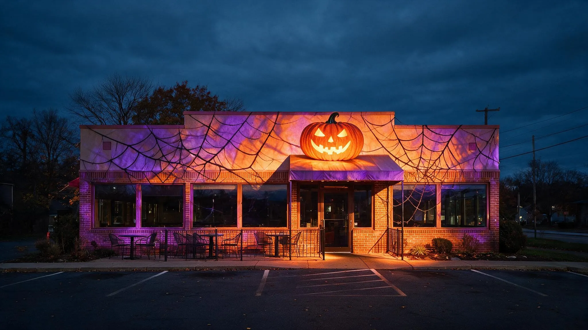 A commercial building lit with projection mapping