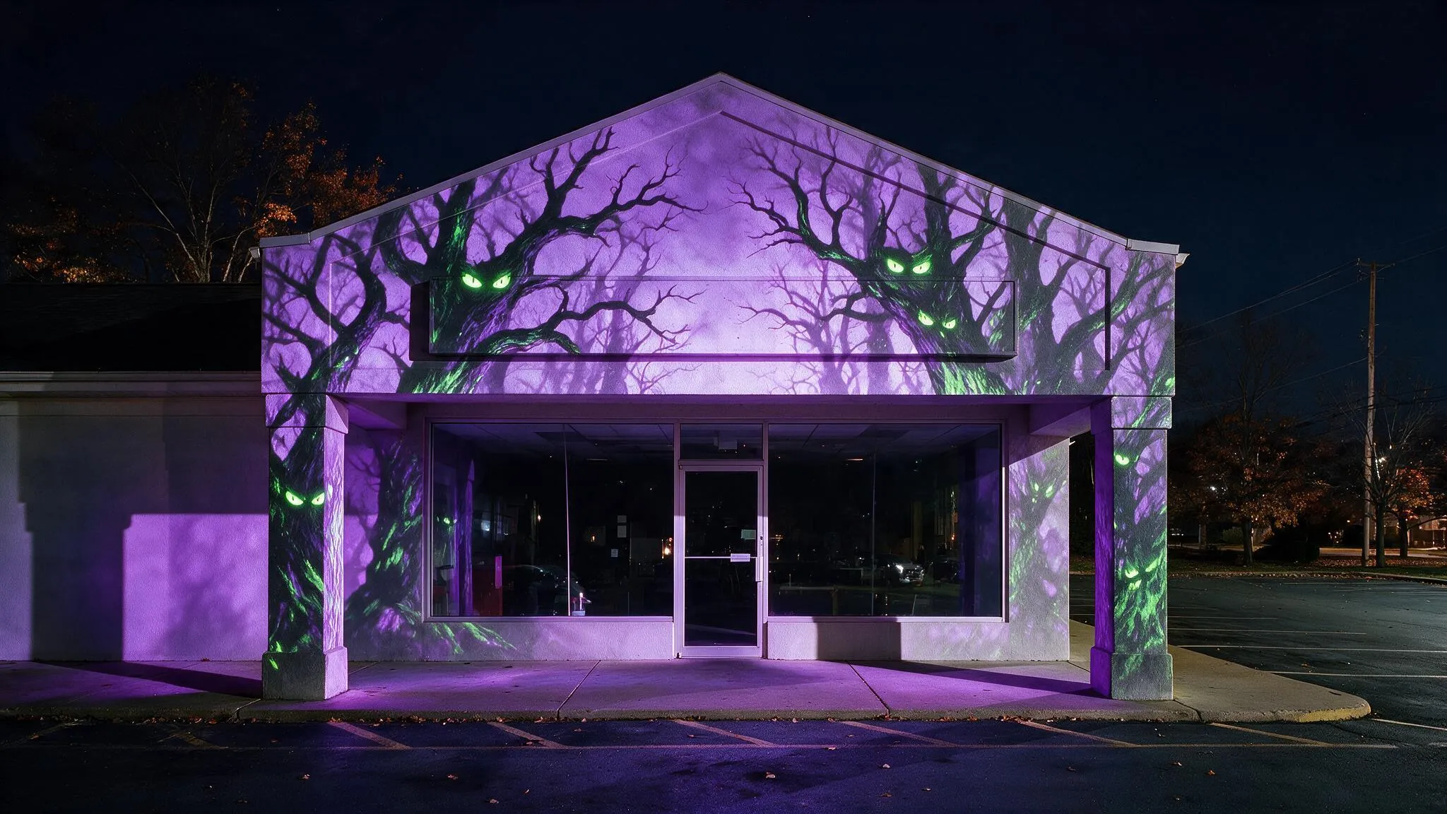 A storefront projection-mapped for Halloween, a haunted forest with glowing eyes wrapping the facade and its columns