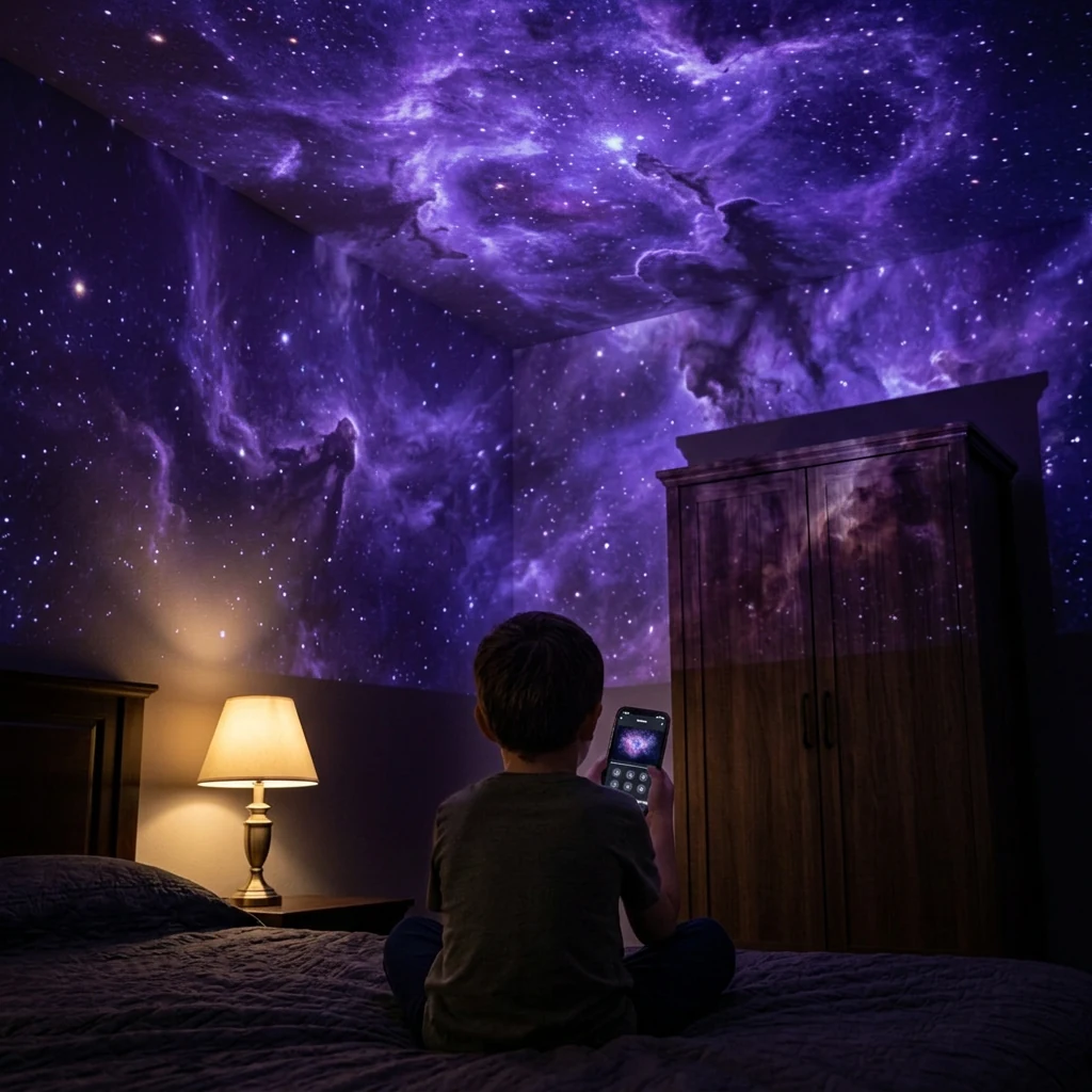 A bedroom switching between saved projection worlds